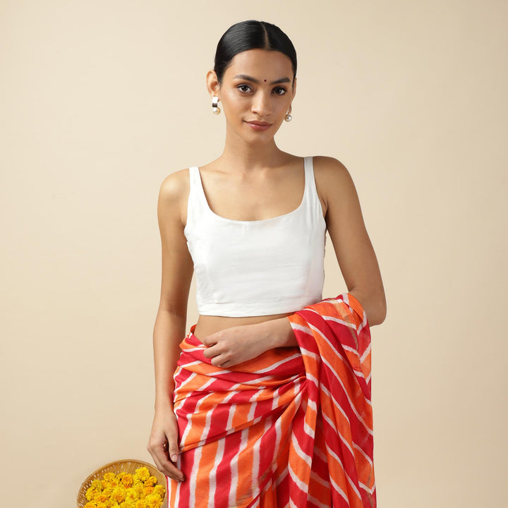 White Cotton Sleeveless Readymade Blouse with U neck