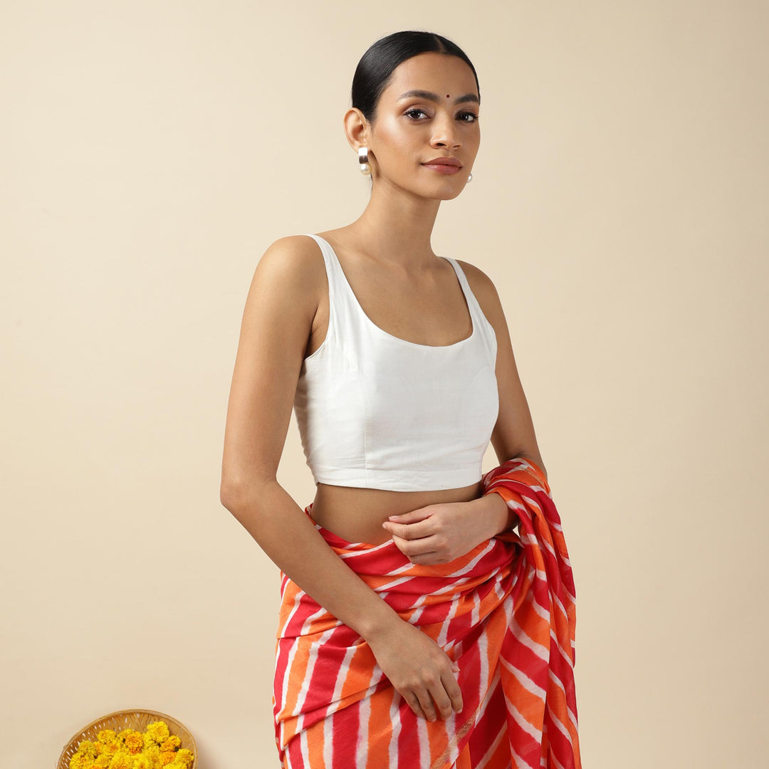 White Cotton Sleeveless Readymade Blouse with U neck