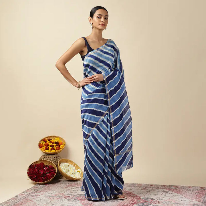 Blue Waves Leheriya Tie-dye Chanderi Silk saree