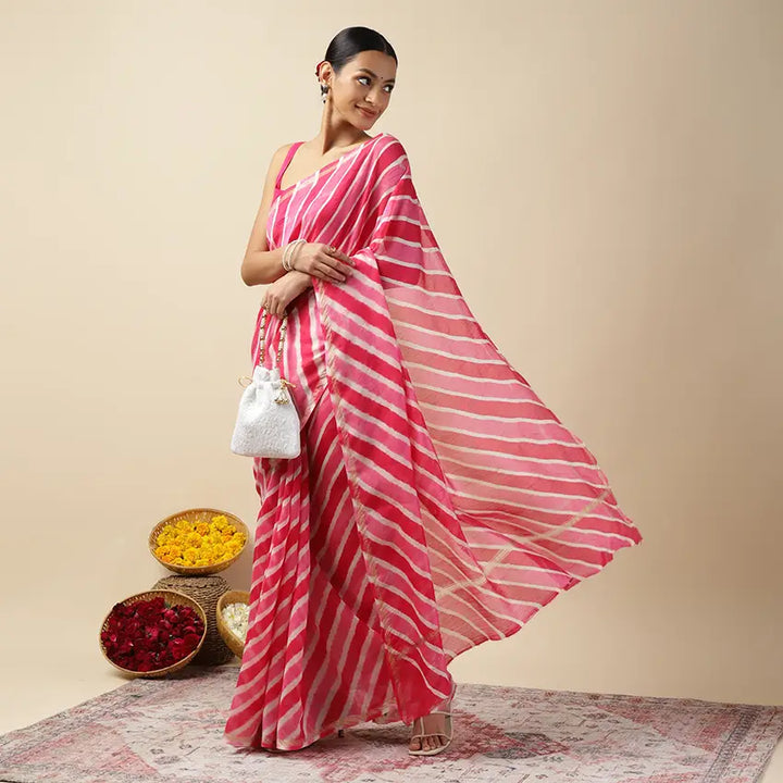 Rani Pink Leheriya Tie-dye Chanderi Silk saree