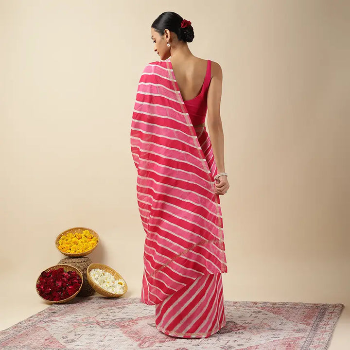 Rani Pink Leheriya Tie-dye Chanderi Silk saree