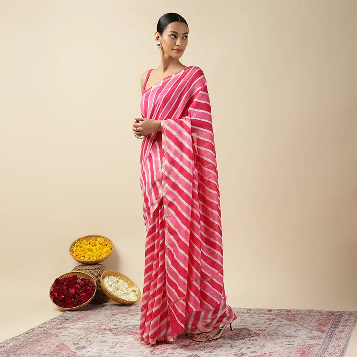 Rani Pink Leheriya Tie-dye Chanderi Silk saree