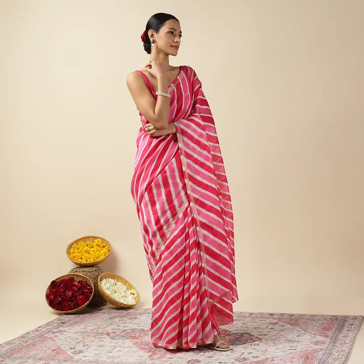 Rani Pink Leheriya Tie-dye Chanderi Silk saree