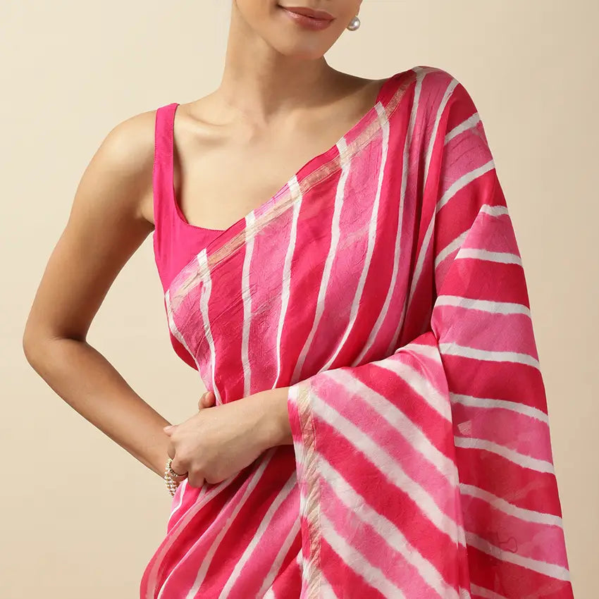 Rani Pink Leheriya Tie-dye Chanderi Silk saree