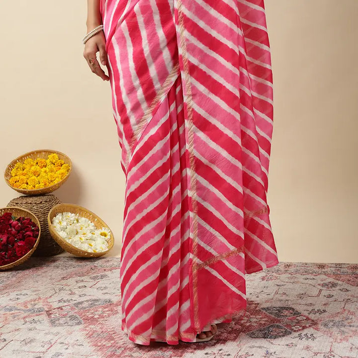 Rani Pink Leheriya Tie-dye Chanderi Silk saree