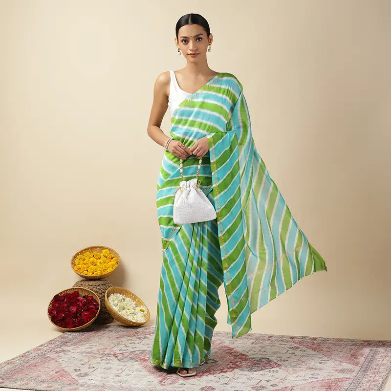 Aqua Green Leheriya Tie-dye Chanderi Silk saree