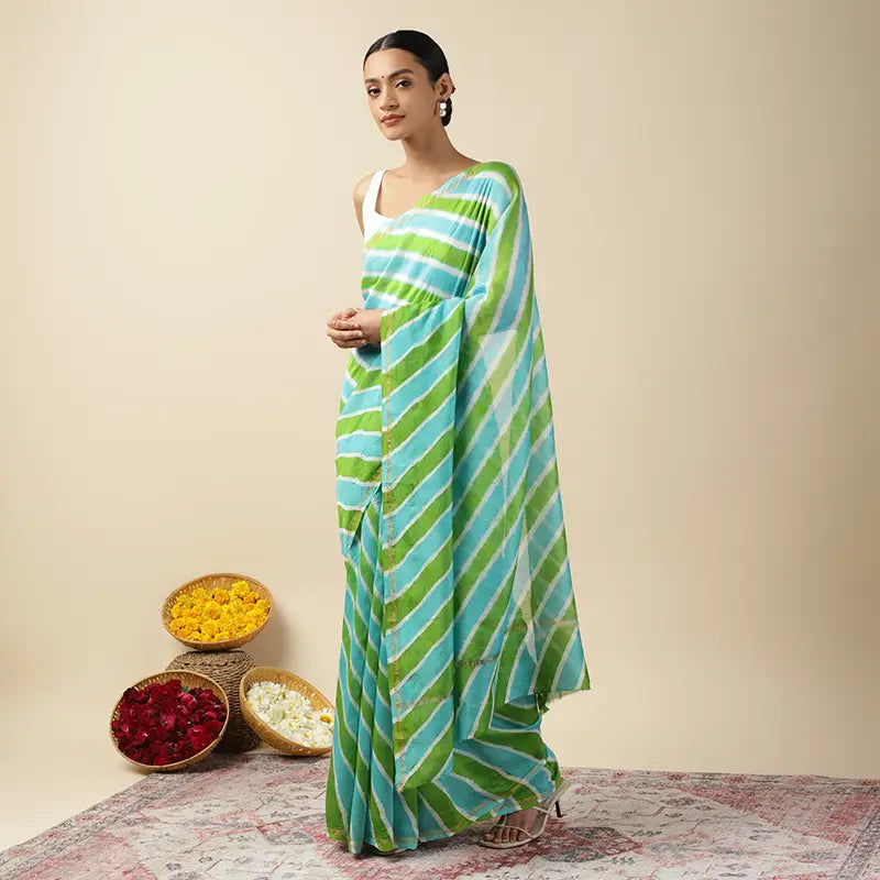 Aqua Green Leheriya Tie-dye Chanderi Silk saree