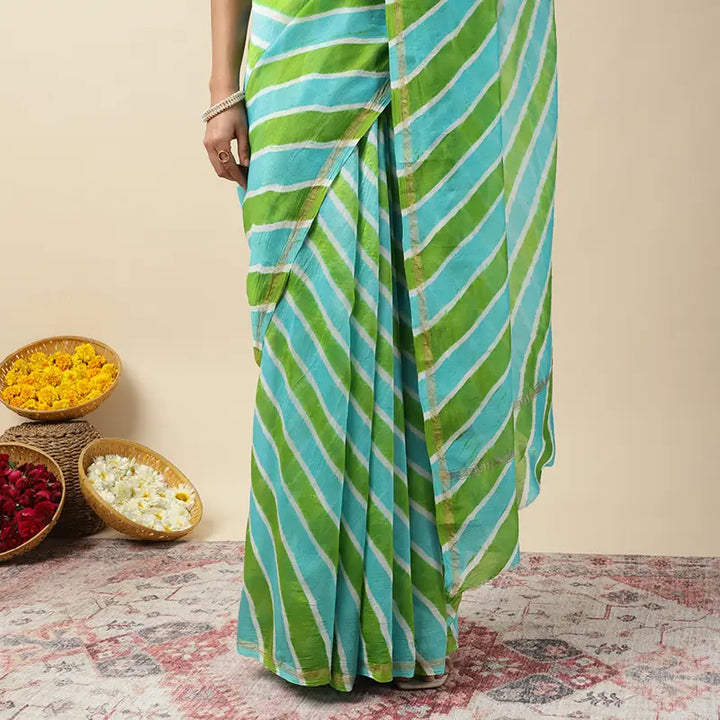 Aqua Green Leheriya Tie-dye Chanderi Silk saree