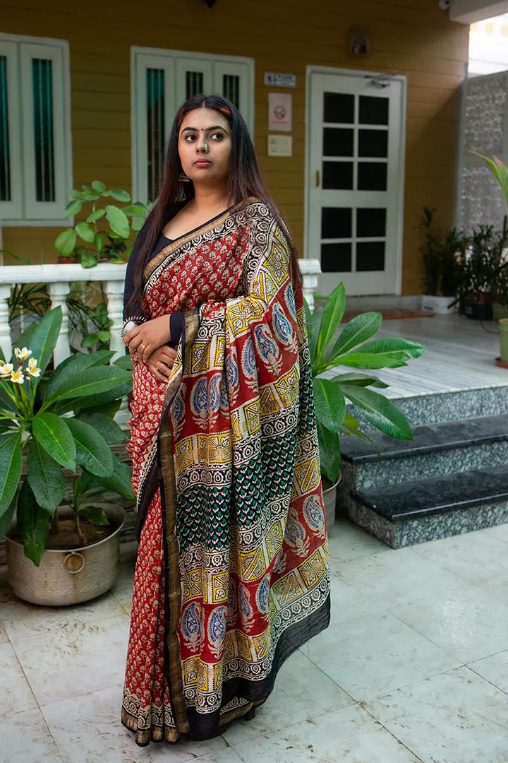 Madame In Red - Hand Block Print Maheshwari Silk Bagru Saree