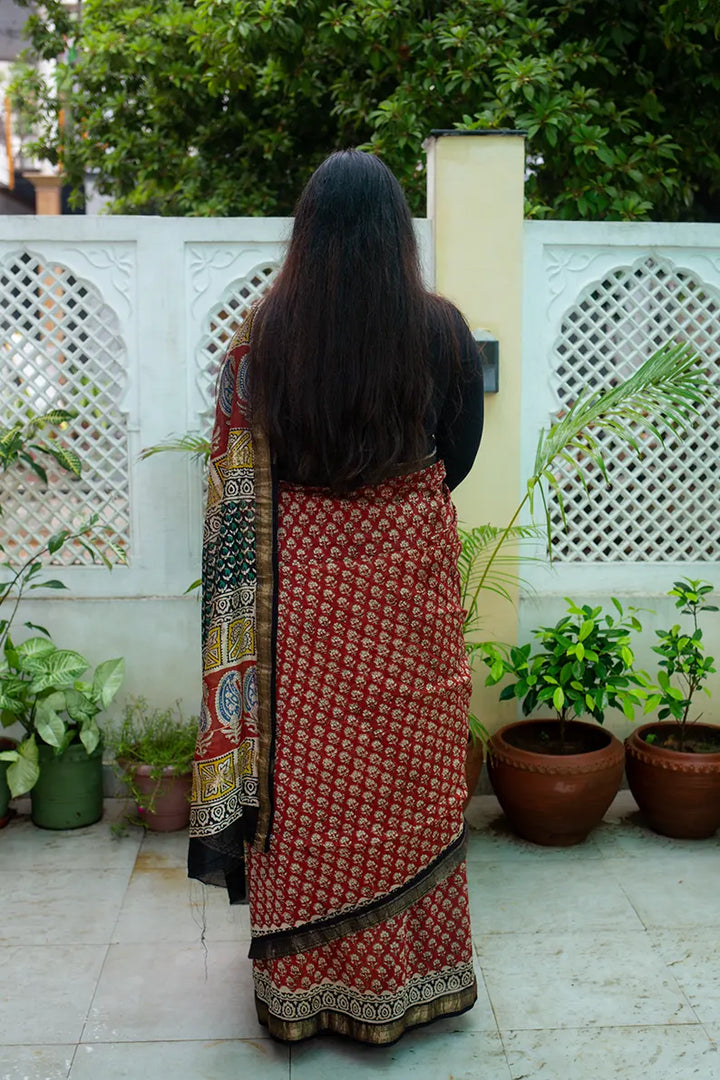 Madame In Red - Hand Block Print Maheshwari Silk Bagru Saree