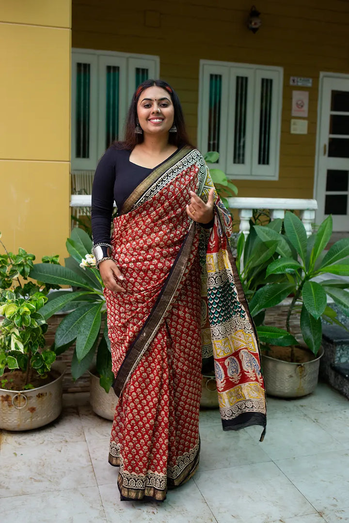 Madame In Red - Hand Block Print Maheshwari Silk Bagru Saree