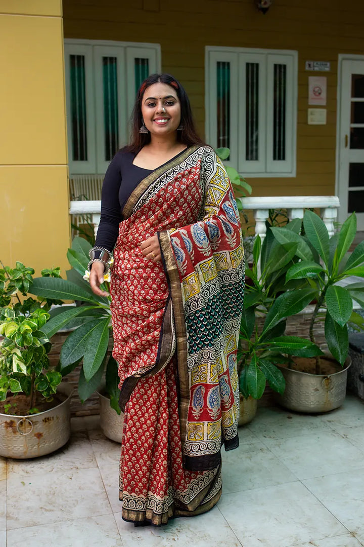 Madame In Red - Hand Block Print Maheshwari Silk Bagru Saree