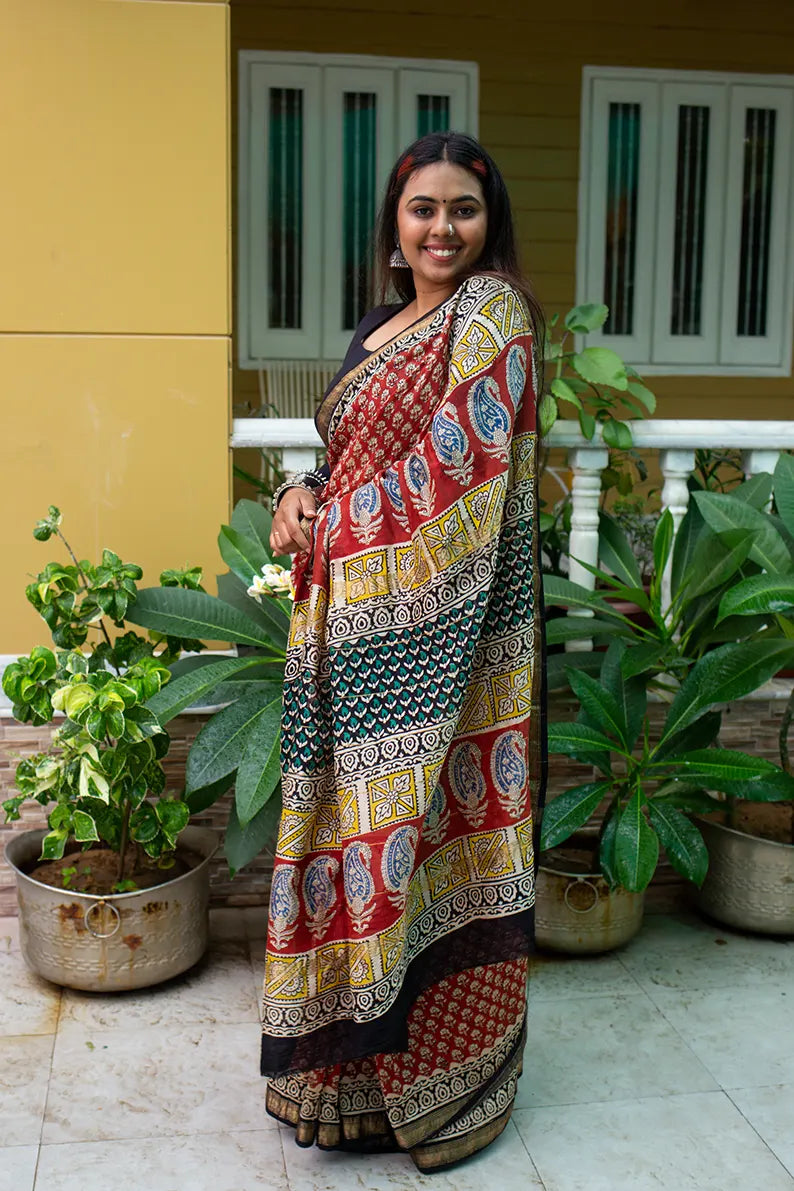 Madame In Red - Hand Block Print Maheshwari Silk Bagru Saree