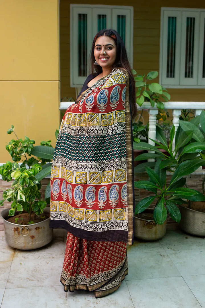 Madame In Red - Hand Block Print Maheshwari Silk Bagru Saree