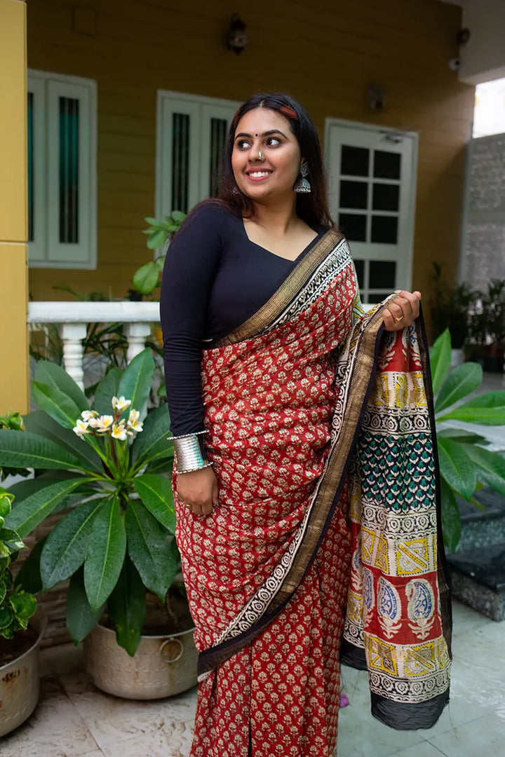 Madame In Red - Hand Block Print Maheshwari Silk Bagru Saree