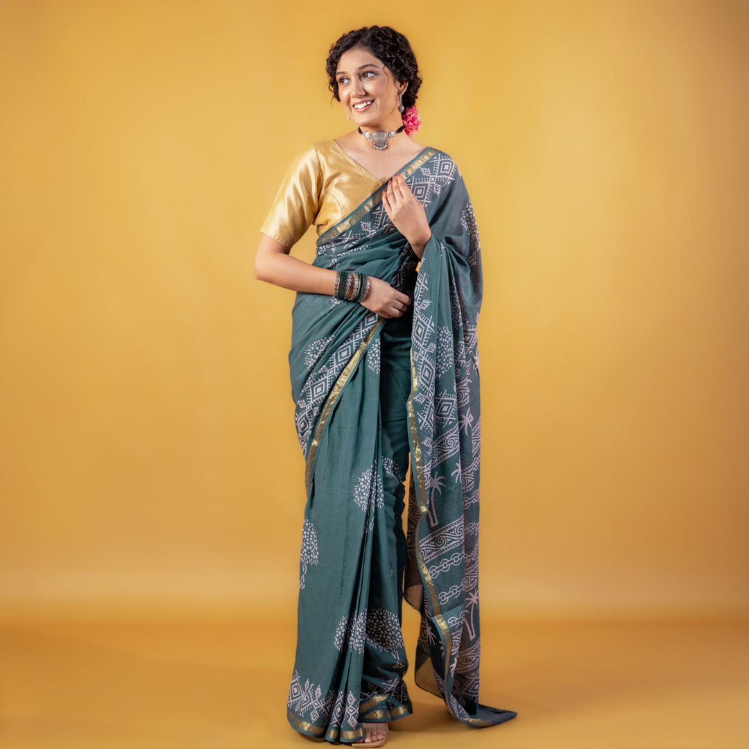 Madhavi Block Printed Saree with Zari border