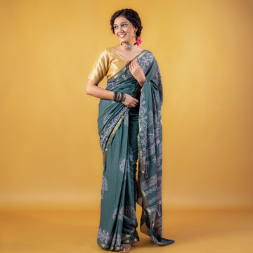 Madhavi Block Printed Saree with Zari border