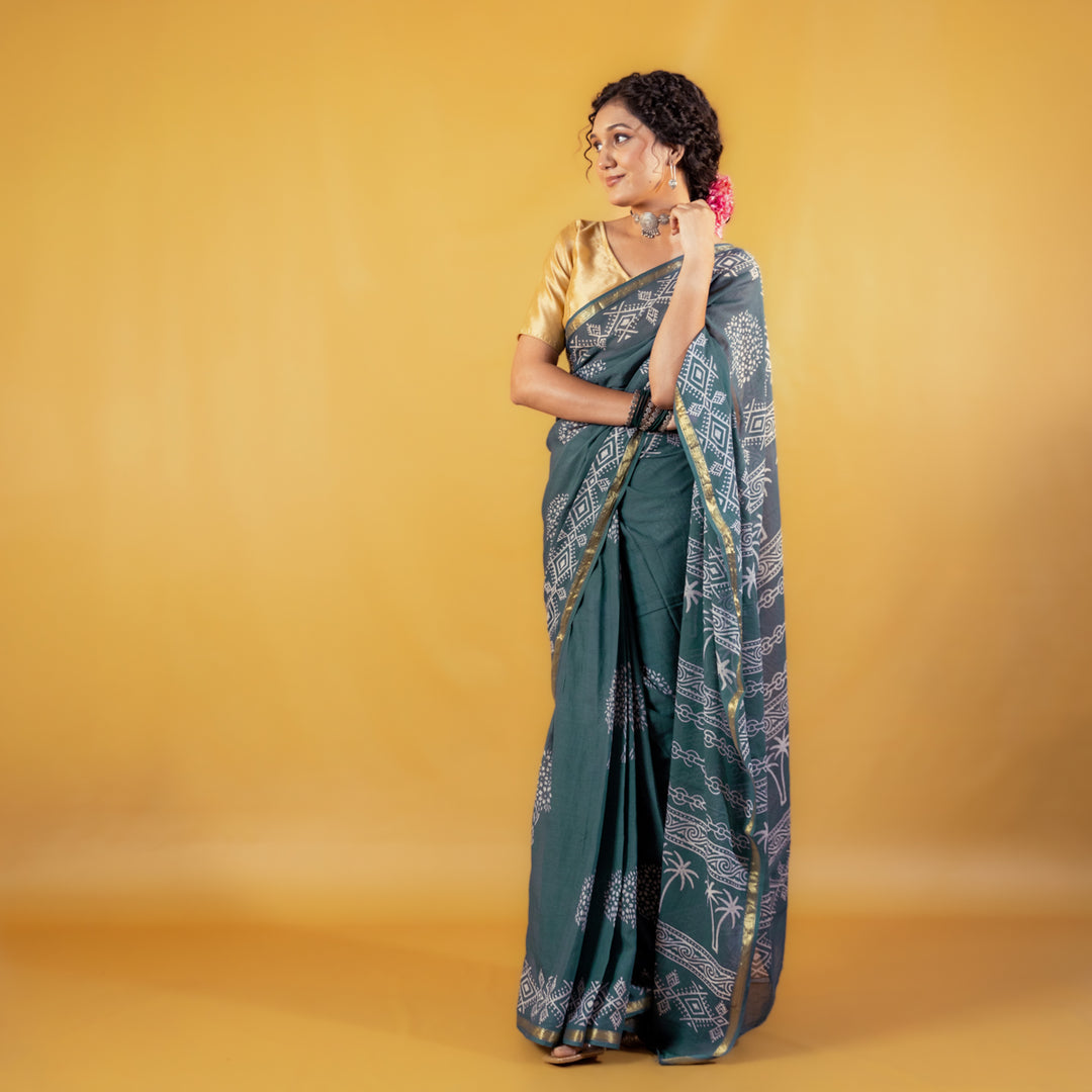 Madhavi Block Printed Saree with Zari border