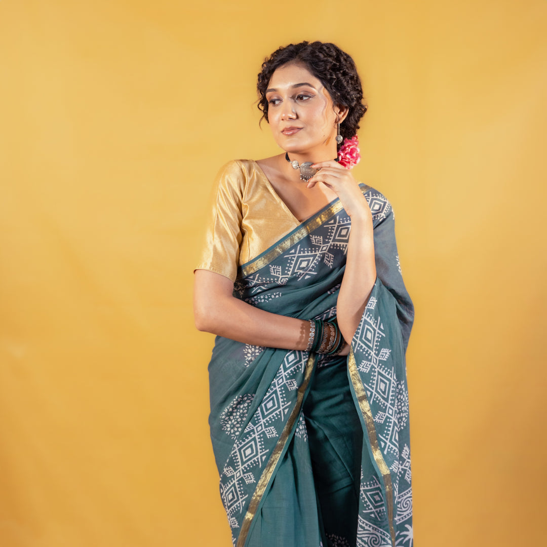 Madhavi Block Printed Saree with Zari border