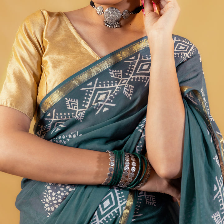 Madhavi Block Printed Saree with Zari border