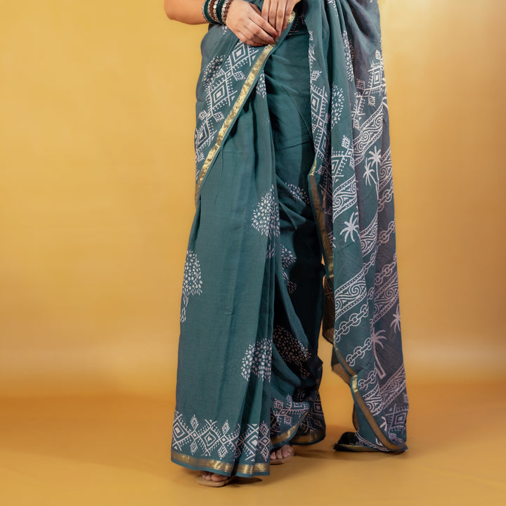 Madhavi Block Printed Saree with Zari border