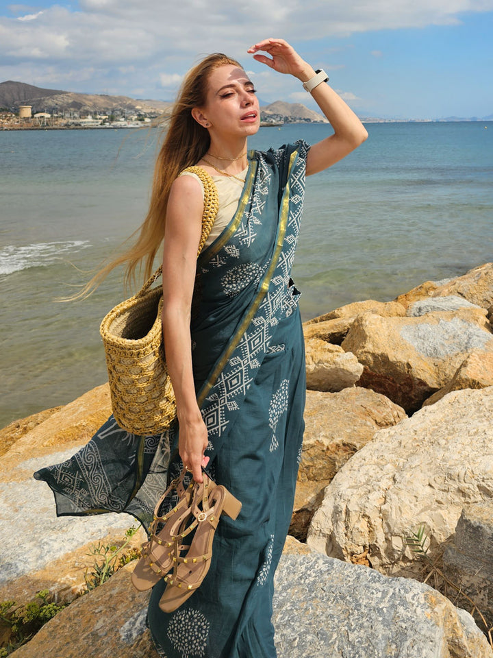 Madhavi Block Printed Saree with Zari border