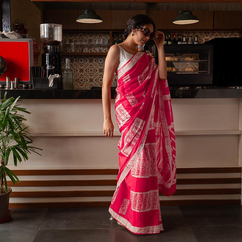 Madhubala Hand Painted Batik Pink Mul Mul Cotton Saree