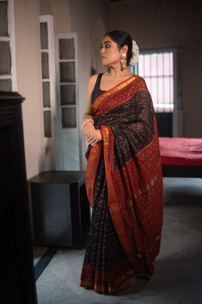 Red Earth - Hand Block Printed Silk Cotton Maheshwari Saree