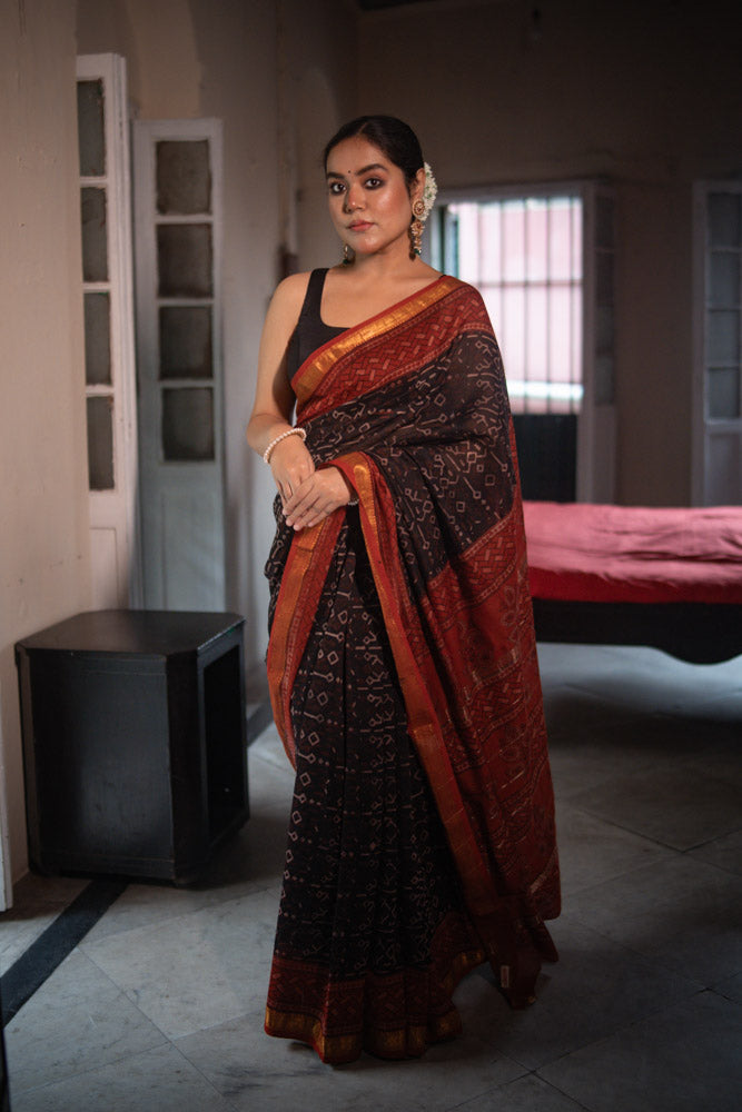 Red Earth - Hand Block Printed Silk Cotton Maheshwari Saree