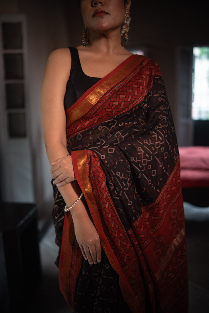 Red Earth - Hand Block Printed Silk Cotton Maheshwari Saree