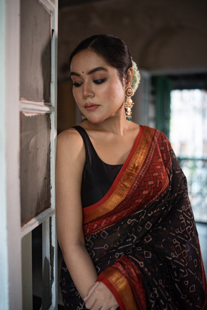Red Earth - Hand Block Printed Silk Cotton Maheshwari Saree