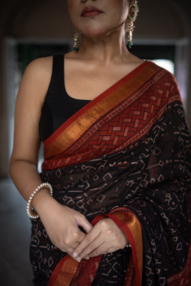 Red Earth - Hand Block Printed Silk Cotton Maheshwari Saree