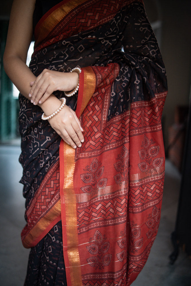 Red Earth - Hand Block Printed Silk Cotton Maheshwari Saree