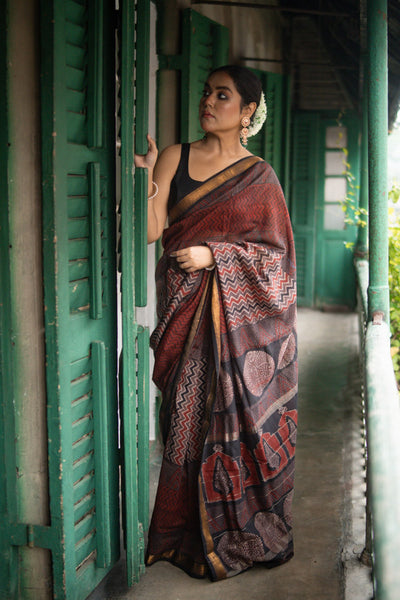 Fired Clay - Hand Block Printed Silk Cotton Maheshwari Saree