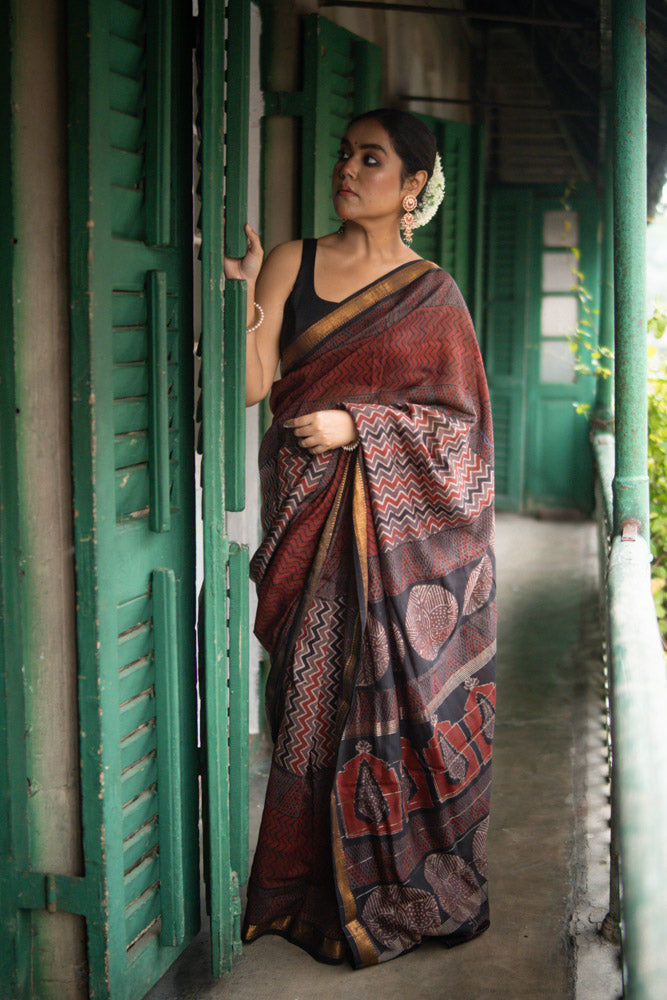 Fired Clay - Hand Block Printed Silk Cotton Maheshwari Saree