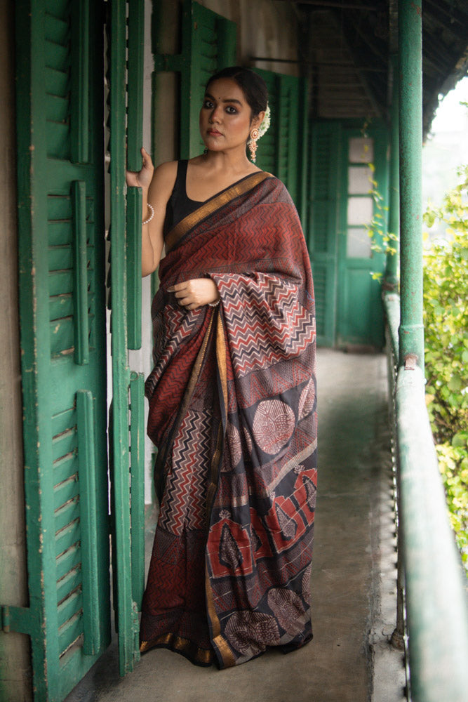 Fired Clay - Hand Block Printed Silk Cotton Maheshwari Saree
