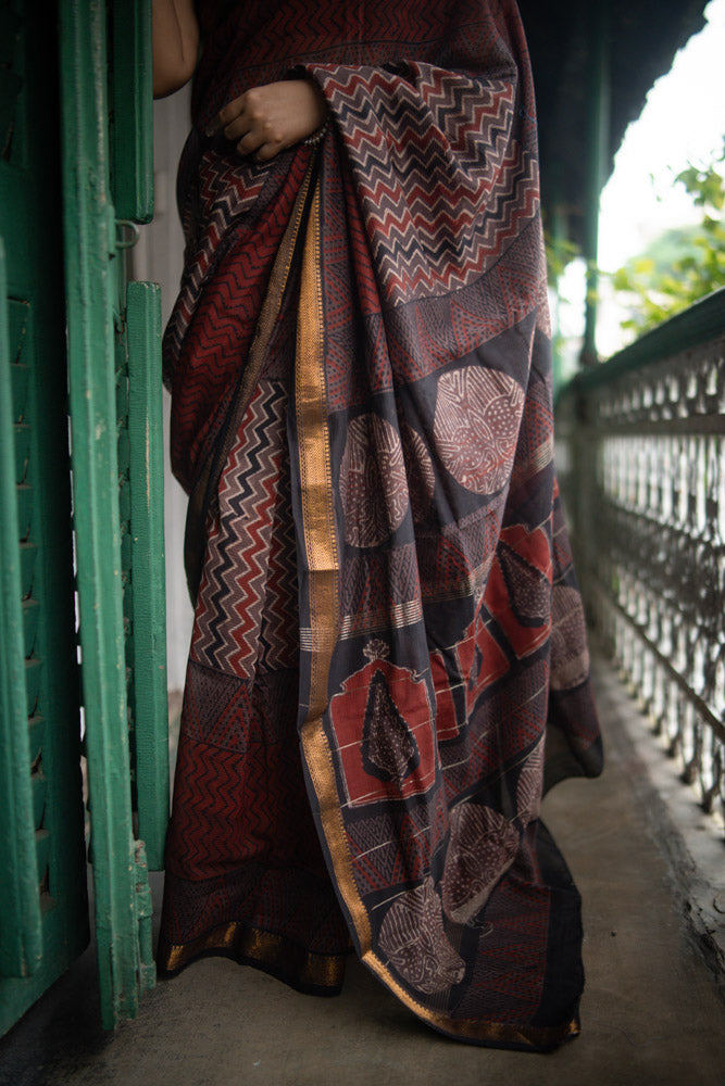 Fired Clay - Hand Block Printed Silk Cotton Maheshwari Saree