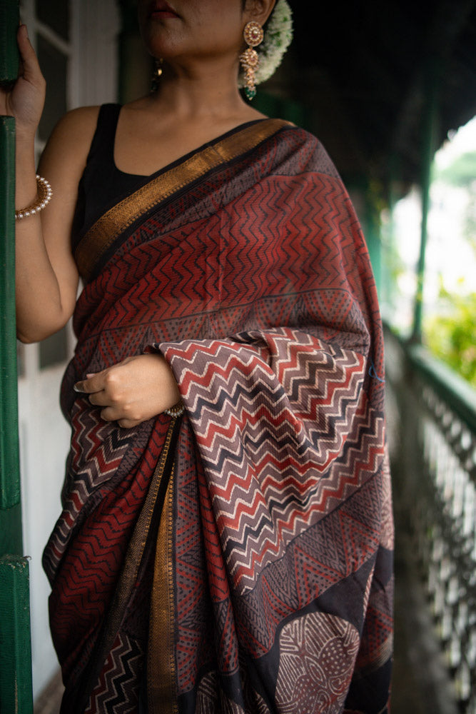 Fired Clay - Hand Block Printed Silk Cotton Maheshwari Saree