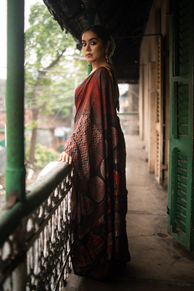 Fired Clay - Hand Block Printed Silk Cotton Maheshwari Saree