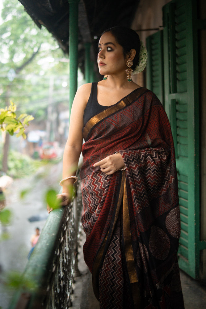 Fired Clay - Hand Block Printed Silk Cotton Maheshwari Saree