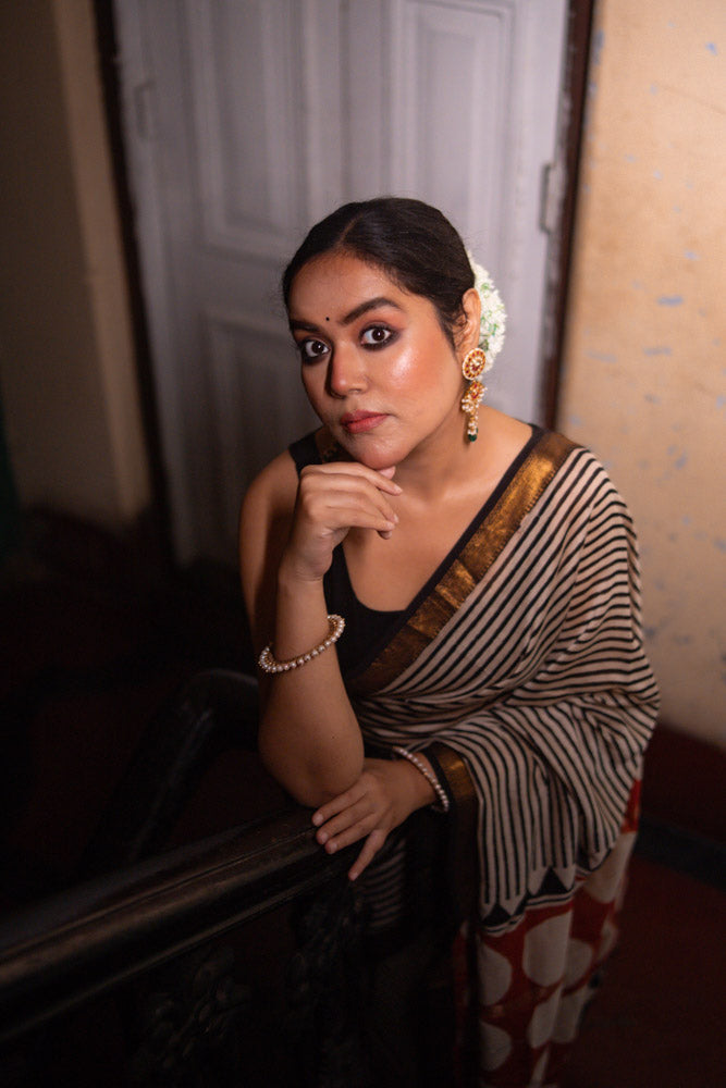 Smoke & Sand - Hand Block Printed Silk Cotton Maheshwari Saree