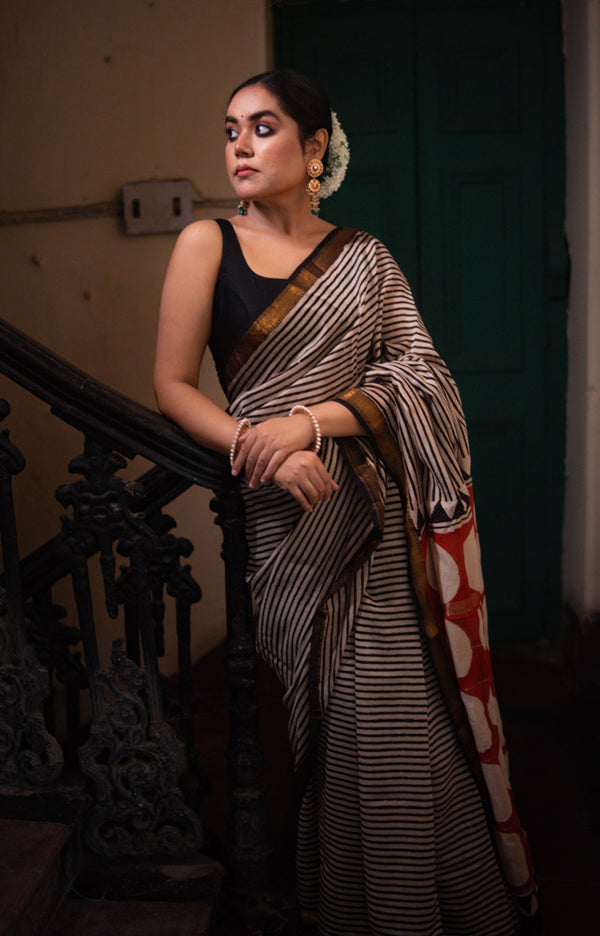 Smoke & Sand - Hand Block Printed Silk Cotton Maheshwari Saree