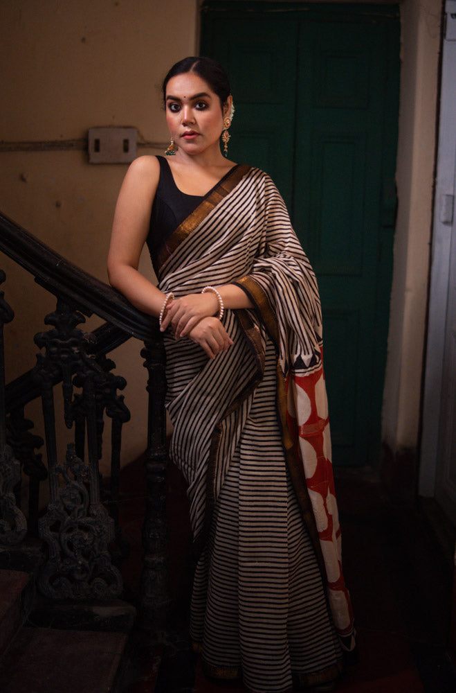 Smoke & Sand - Hand Block Printed Silk Cotton Maheshwari Saree
