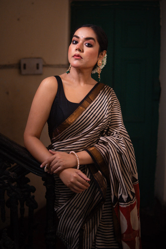 Smoke & Sand - Hand Block Printed Silk Cotton Maheshwari Saree