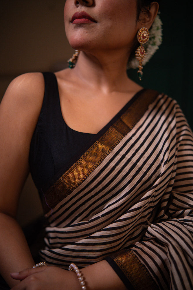 Smoke & Sand - Hand Block Printed Silk Cotton Maheshwari Saree