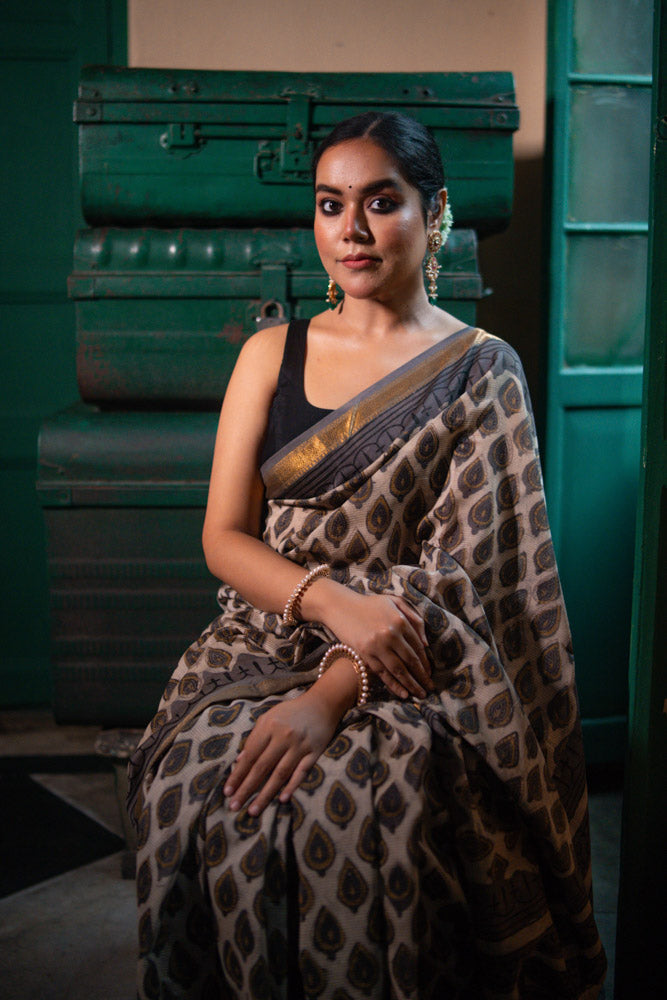 River Dust - Hand Block Printed Silk Cotton Maheshwari Saree