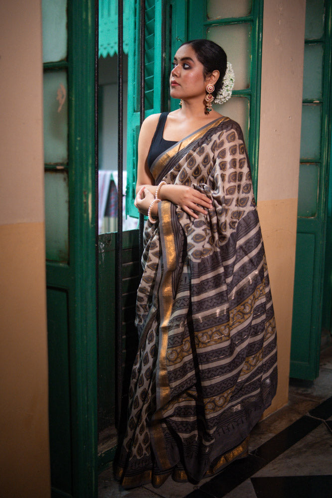 River Dust - Hand Block Printed Silk Cotton Maheshwari Saree