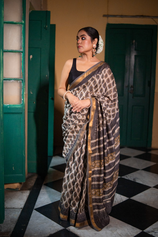 River Dust - Hand Block Printed Silk Cotton Maheshwari Saree