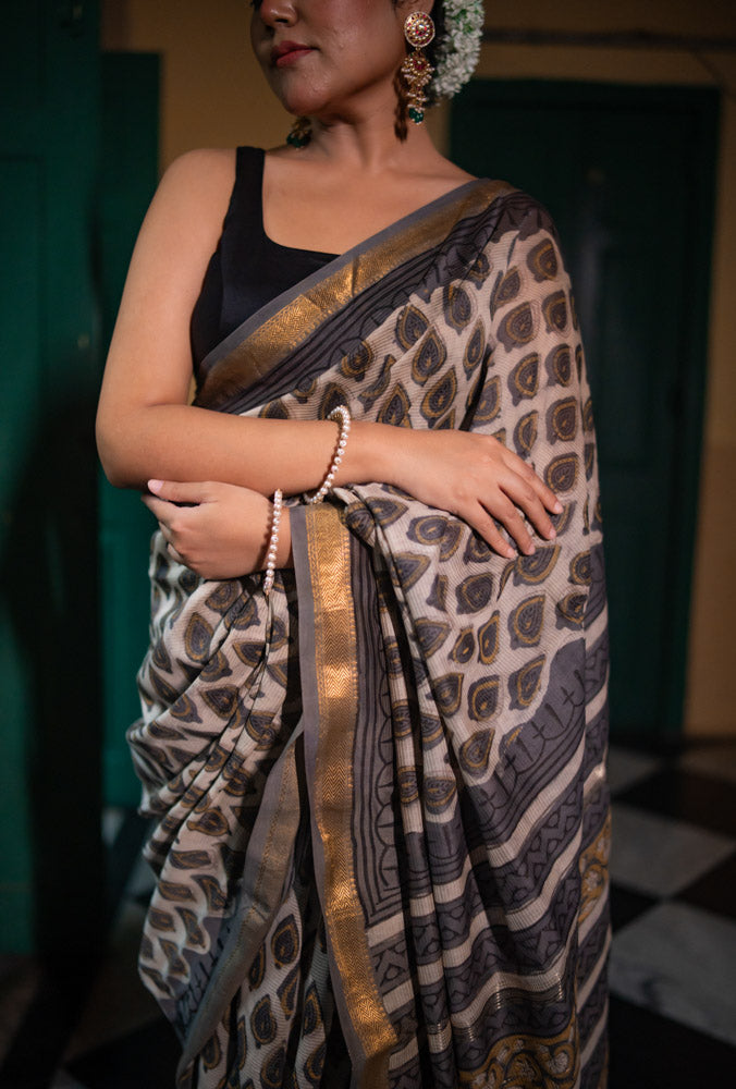 River Dust - Hand Block Printed Silk Cotton Maheshwari Saree