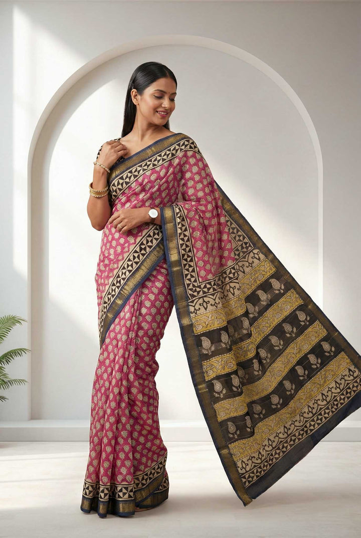 Sarika - Hand Block Print Silk Cotton Maheshwari Saree